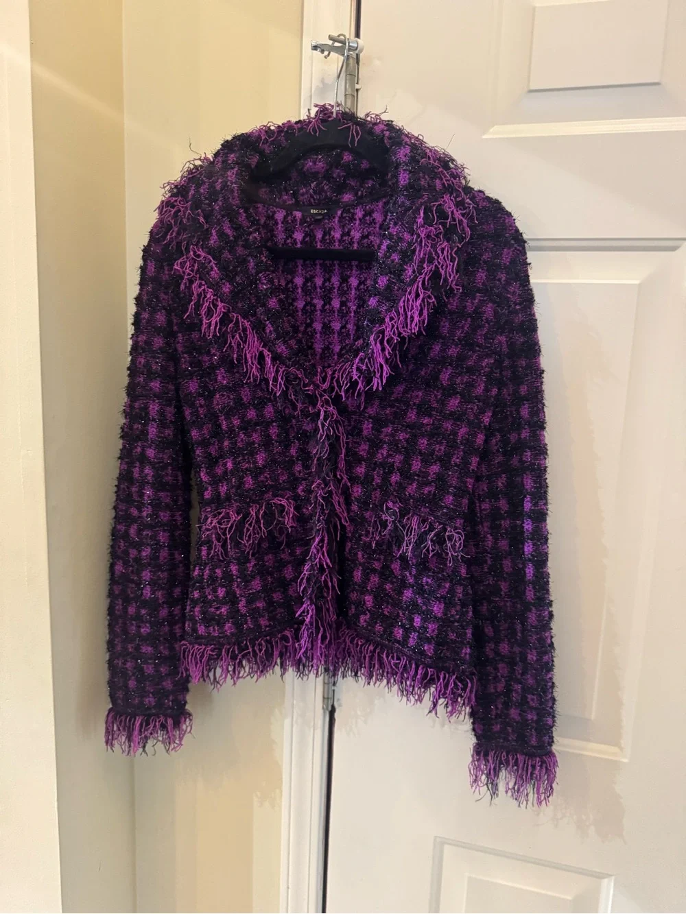 Escada Exclusive Knit & Purple &‎ Black Textured Fringe Cardigan Jacket (38)